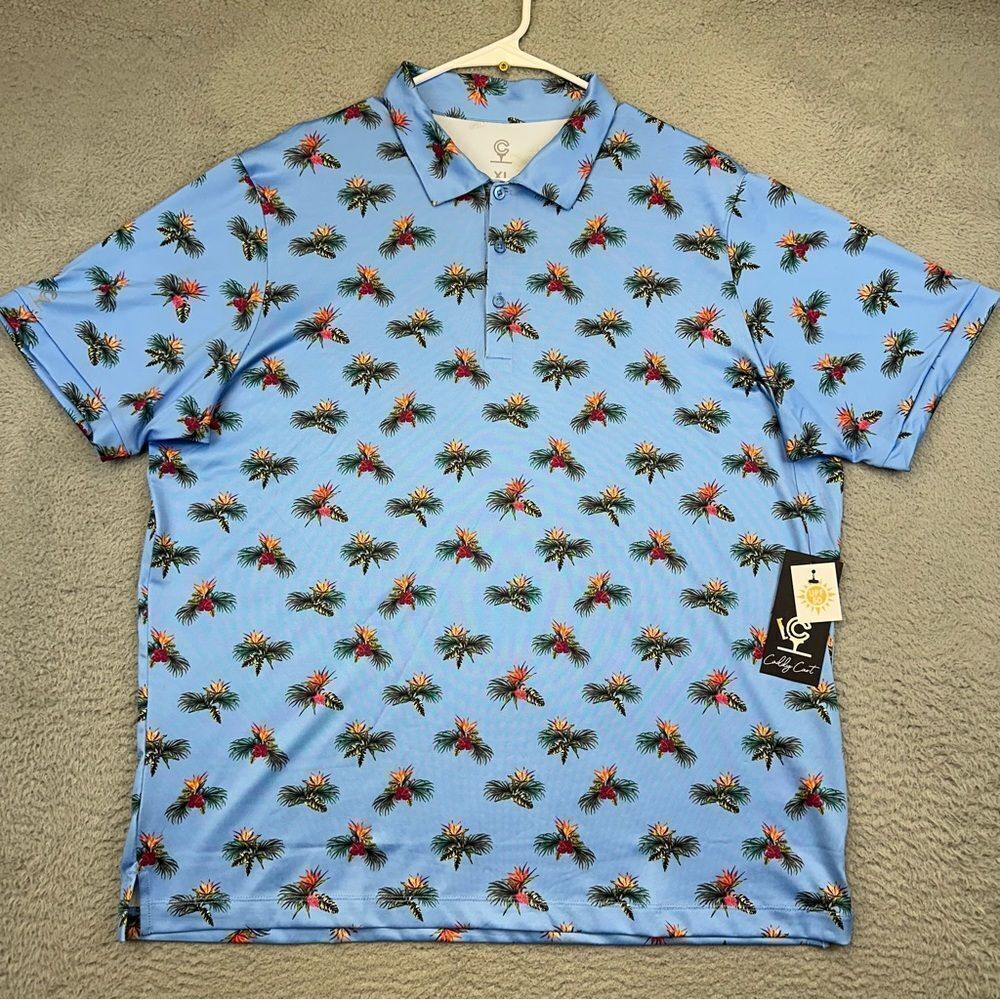 Caddy Cart Golf Polo Mens XL  Sky Blue Tropical Hawaiian Stretch‎ UPF50 Golfer
